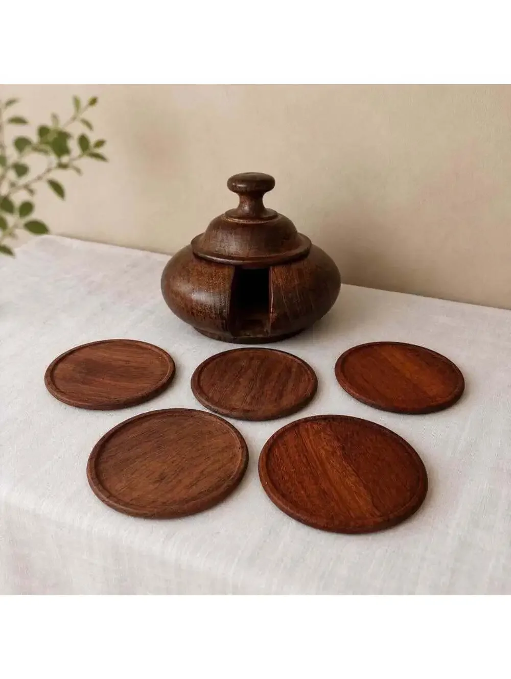 Vintage Wooden Coaster Set 5 Drink Coasters Lidded Storage Holder Hand Turned